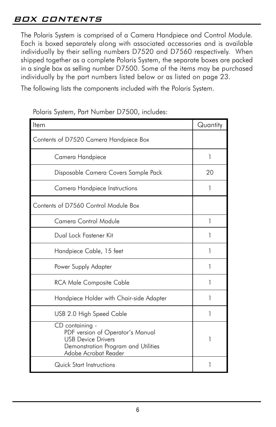Box contents | Polaris D7500 User Manual | Page 6 / 28