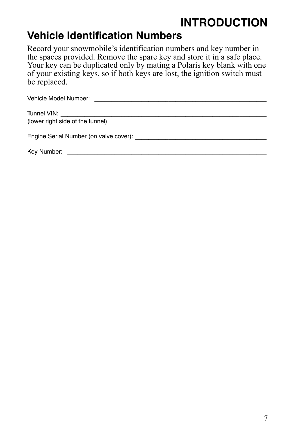 Introduction, Vehicle identification numbers | Polaris FS IQ Touring User Manual | Page 10 / 165