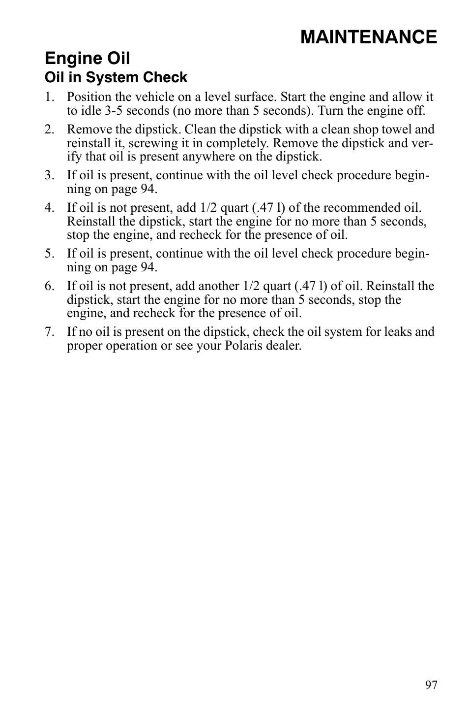 Maintenance, Engine oil | Polaris FS IQ Touring User Manual | Page 100 / 165