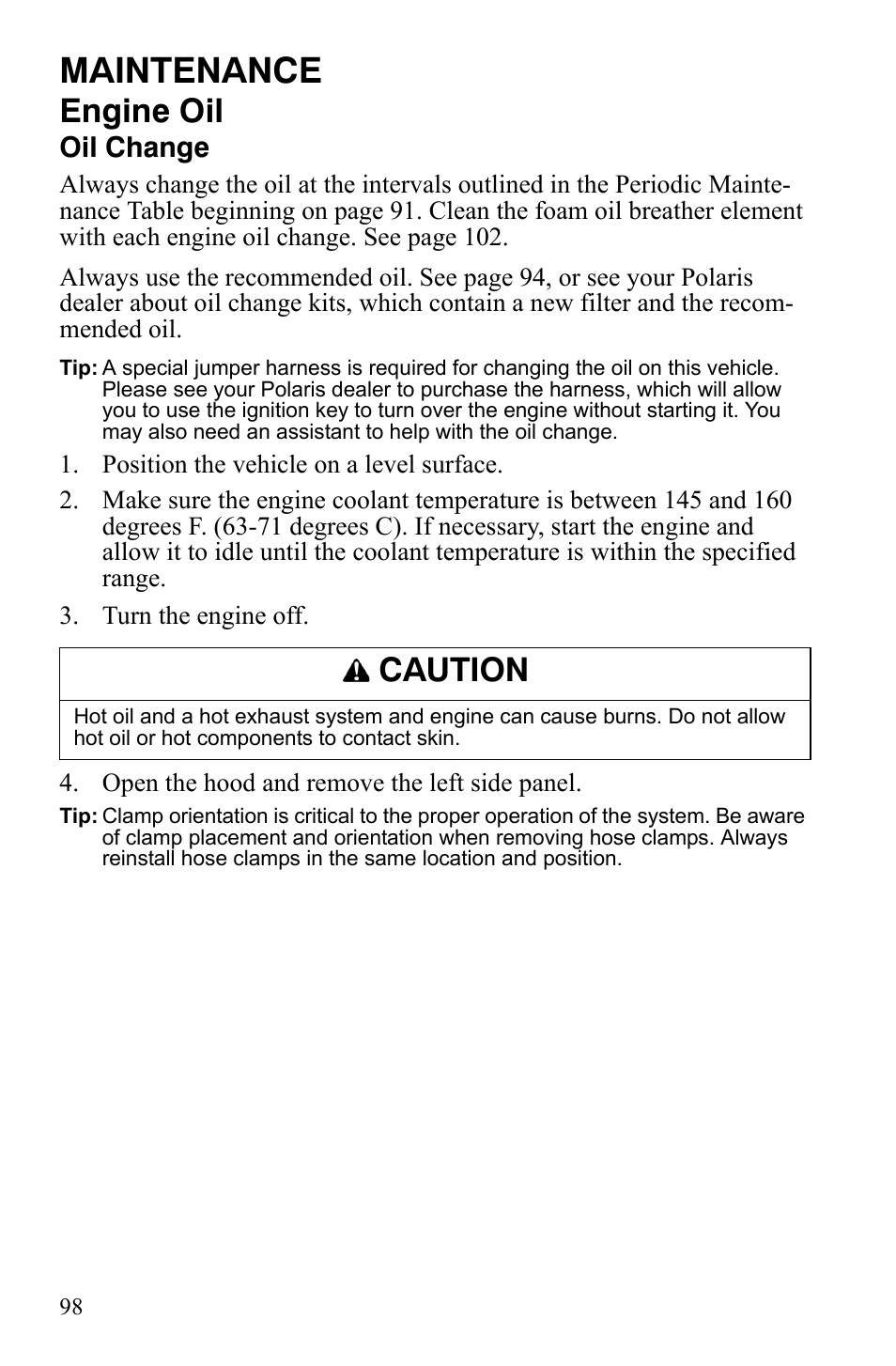 Maintenance, Engine oil, Caution | Oil change | Polaris FS IQ Touring User Manual | Page 101 / 165