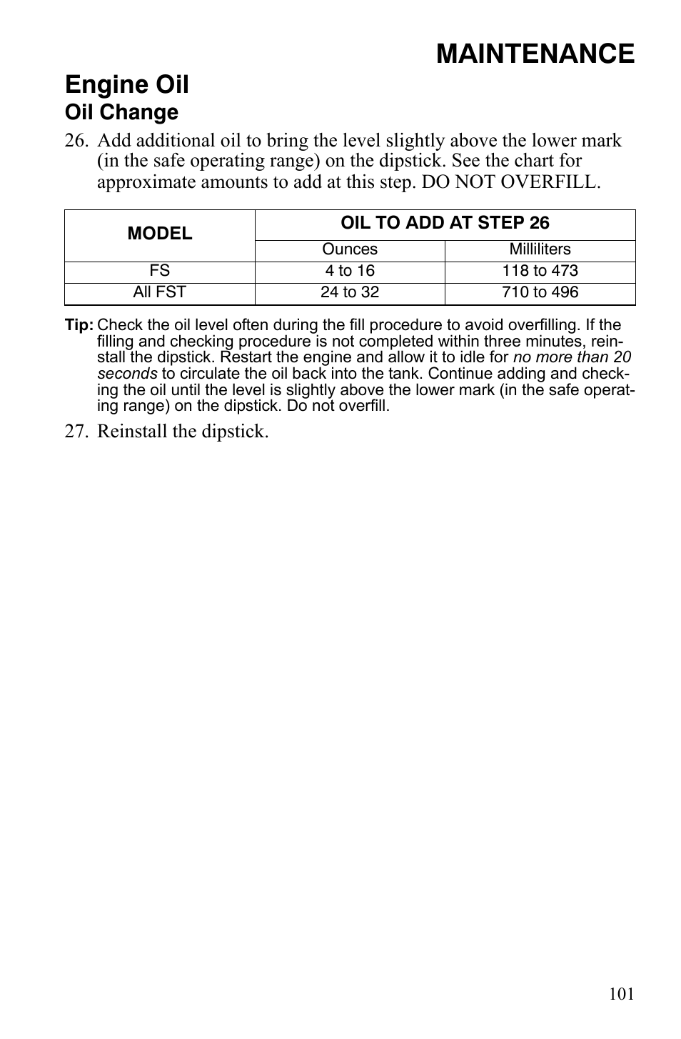 Maintenance, Engine oil, Oil change | Polaris FS IQ Touring User Manual | Page 104 / 165