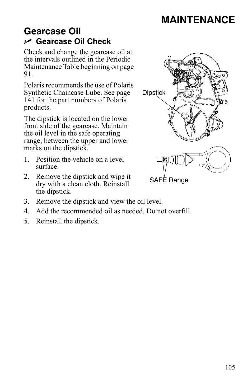 Maintenance, Gearcase oil | Polaris FS IQ Touring User Manual | Page 108 / 165