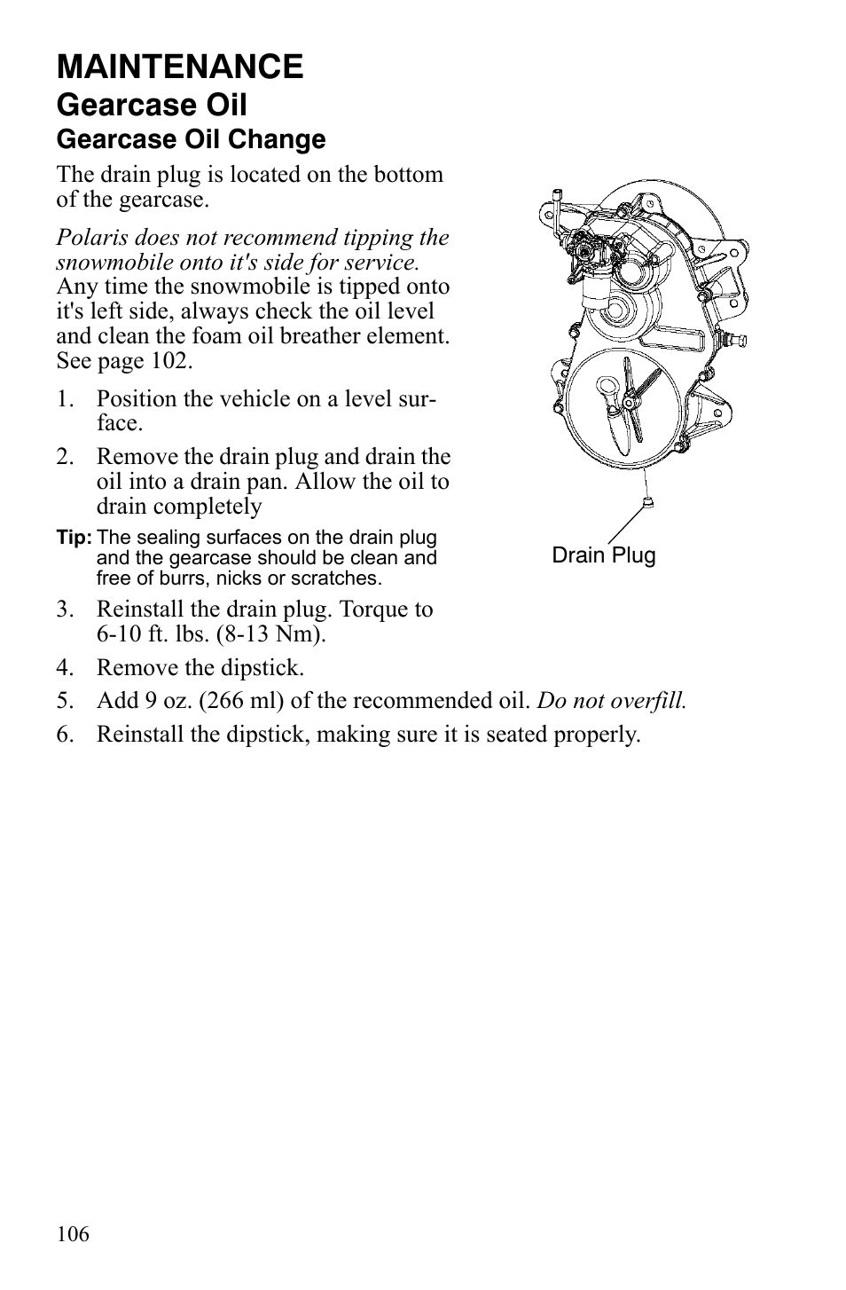 Maintenance, Gearcase oil | Polaris FS IQ Touring User Manual | Page 109 / 165