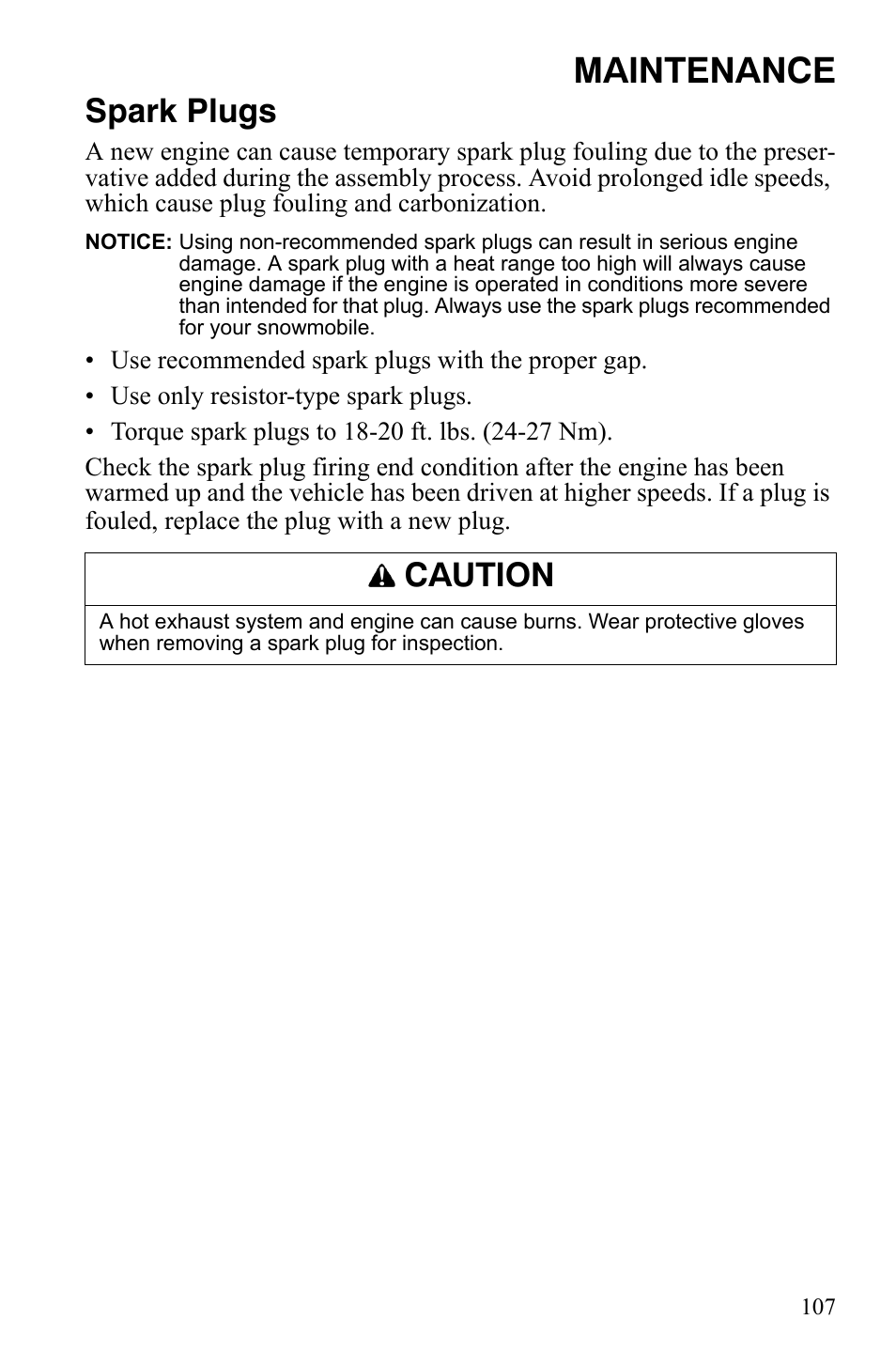 Maintenance, Spark plugs, Caution | Polaris FS IQ Touring User Manual | Page 110 / 165