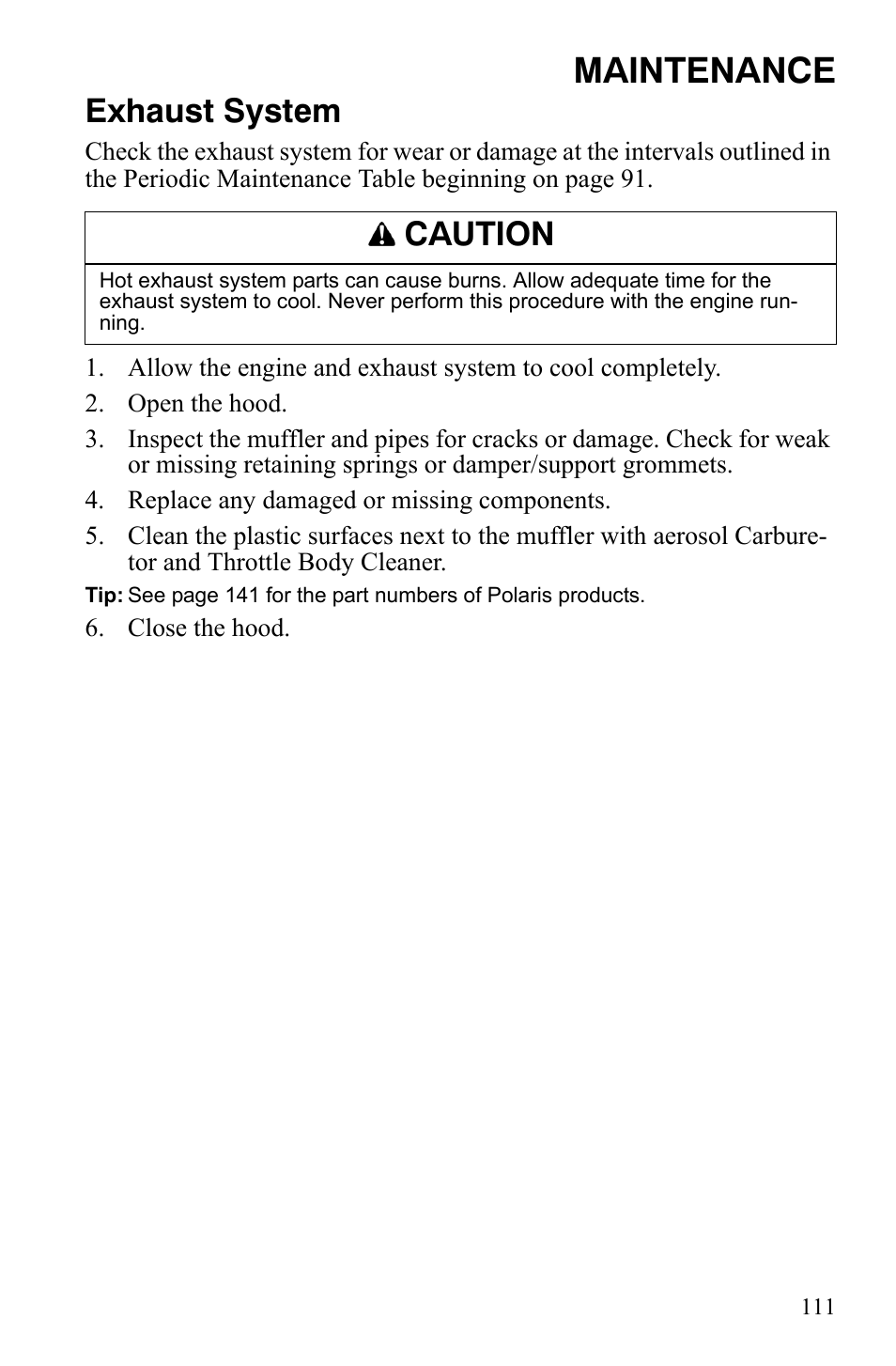 Maintenance, Exhaust system, Caution | Polaris FS IQ Touring User Manual | Page 114 / 165
