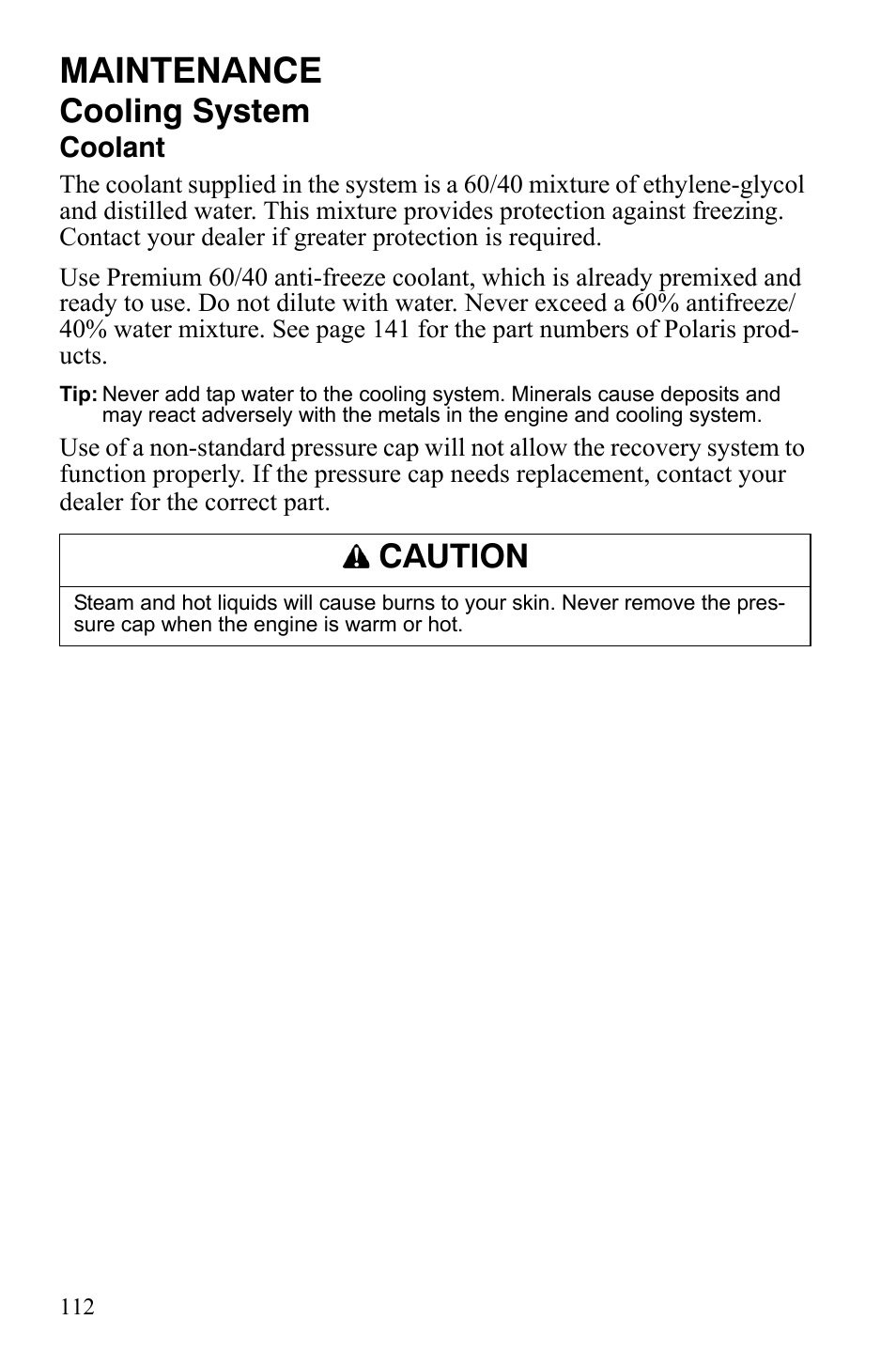 Maintenance, Cooling system, Caution | Polaris FS IQ Touring User Manual | Page 115 / 165