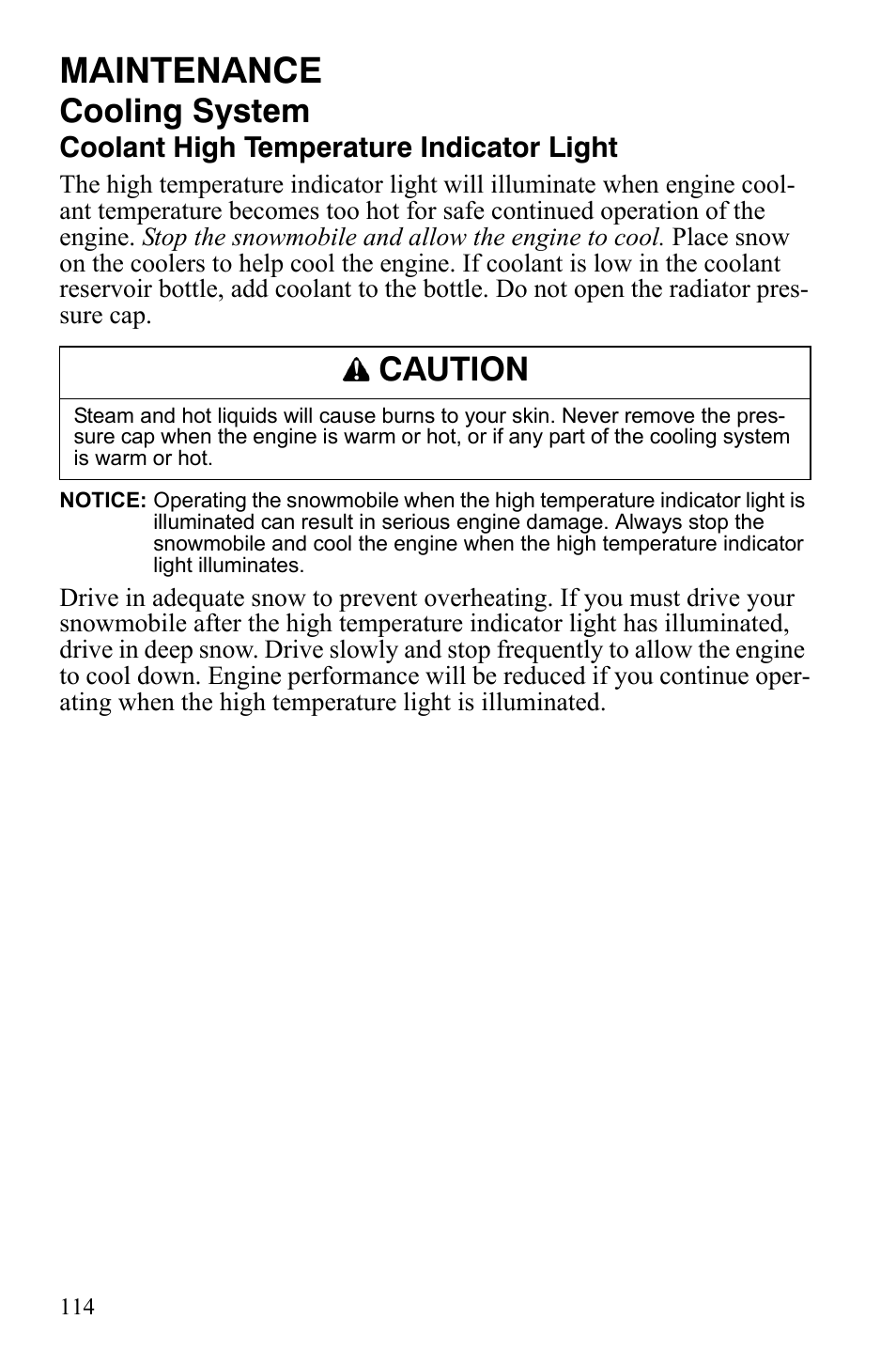 Maintenance, Cooling system, Caution | Polaris FS IQ Touring User Manual | Page 117 / 165