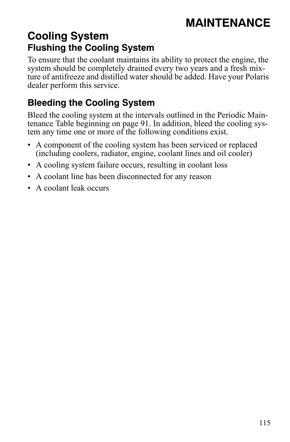 Maintenance, Cooling system | Polaris FS IQ Touring User Manual | Page 118 / 165