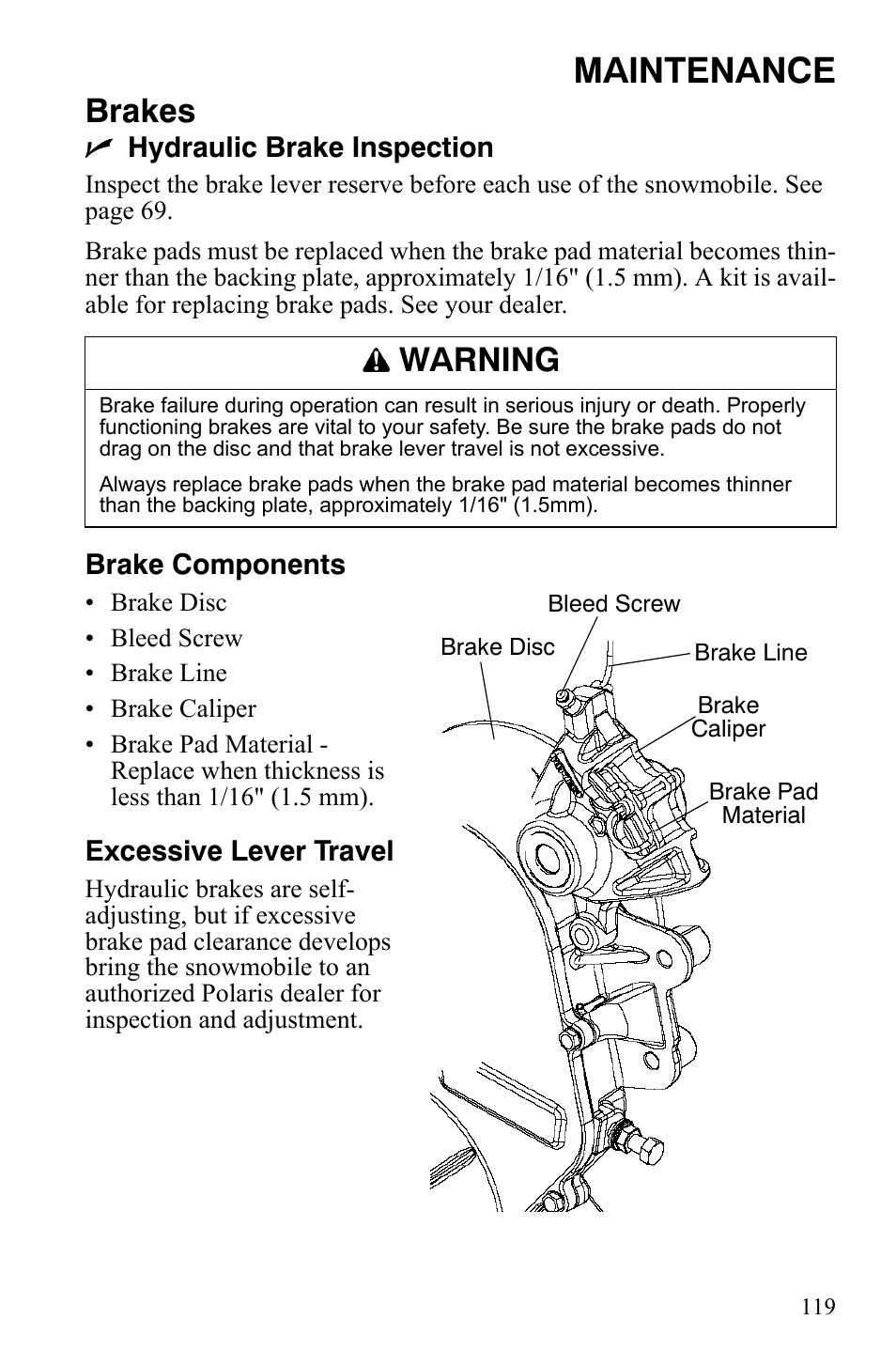 Maintenance, Brakes, Warning | Polaris FS IQ Touring User Manual | Page 122 / 165