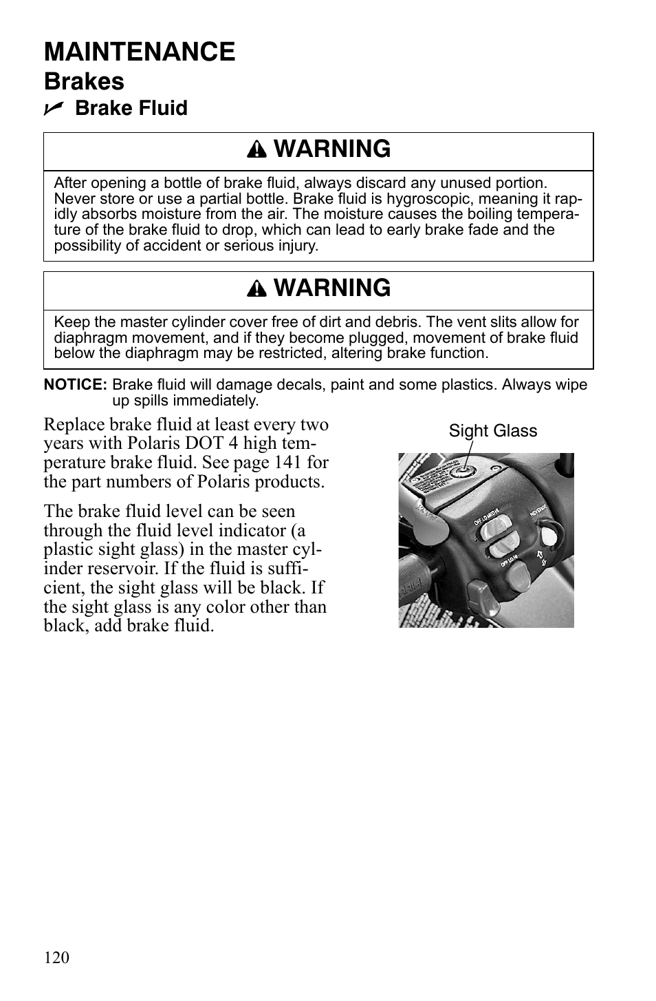 Maintenance, Brakes, Warning | Nbrake fluid | Polaris FS IQ Touring User Manual | Page 123 / 165