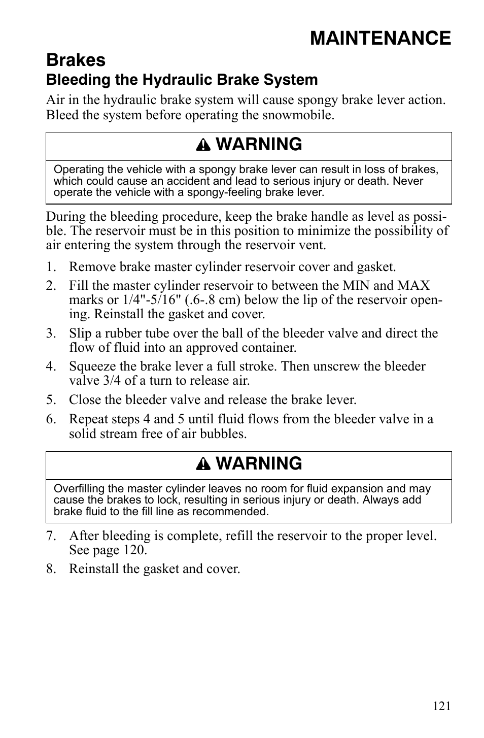 Maintenance, Brakes, Warning | Polaris FS IQ Touring User Manual | Page 124 / 165