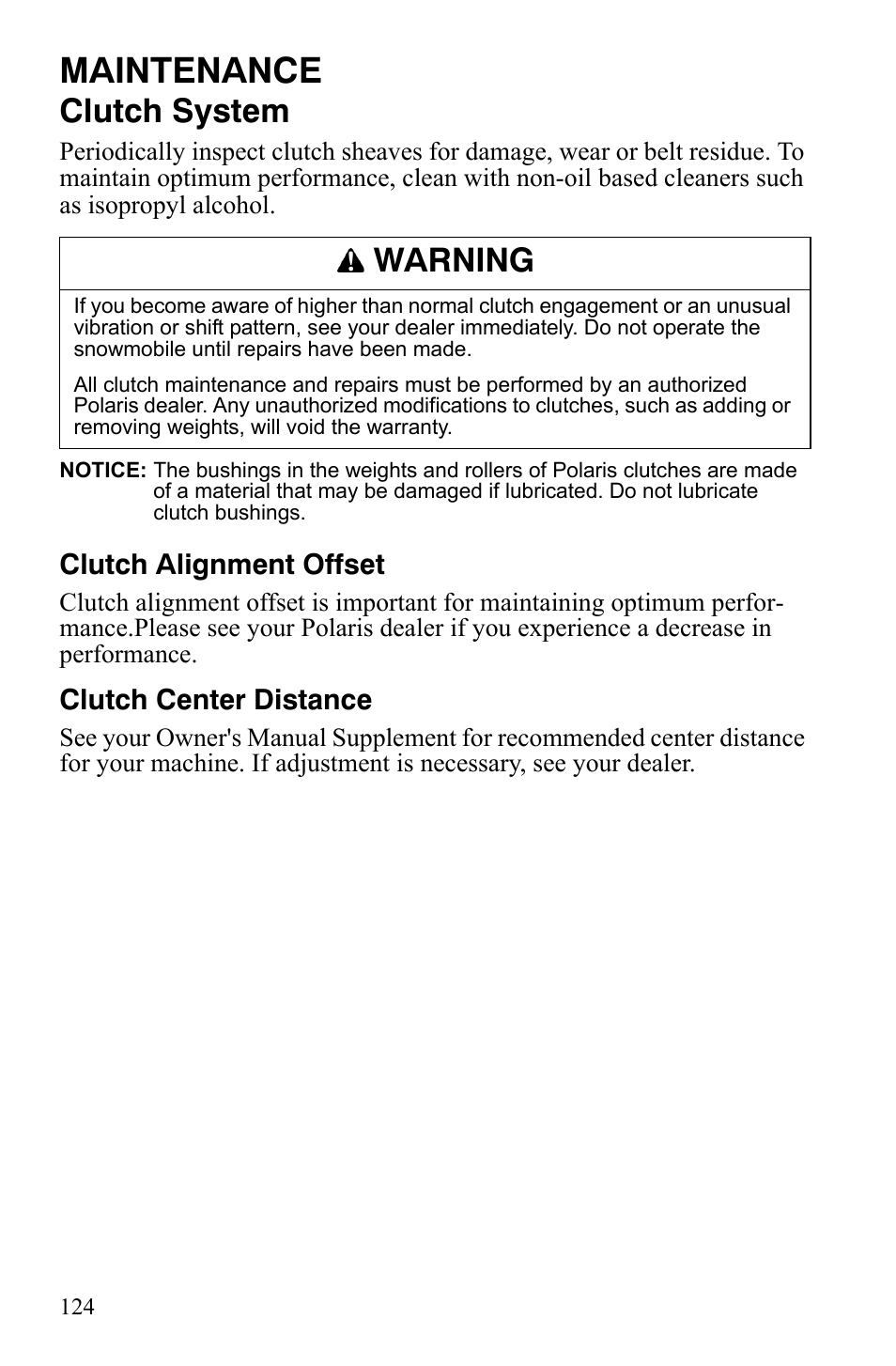 Maintenance, Clutch system, Warning | Clutch alignment offset, Clutch center distance | Polaris FS IQ Touring User Manual | Page 127 / 165