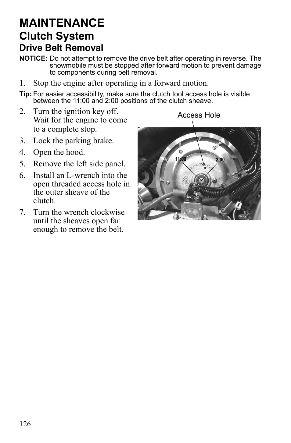 Maintenance, Clutch system, Drive belt removal | Polaris FS IQ Touring User Manual | Page 129 / 165