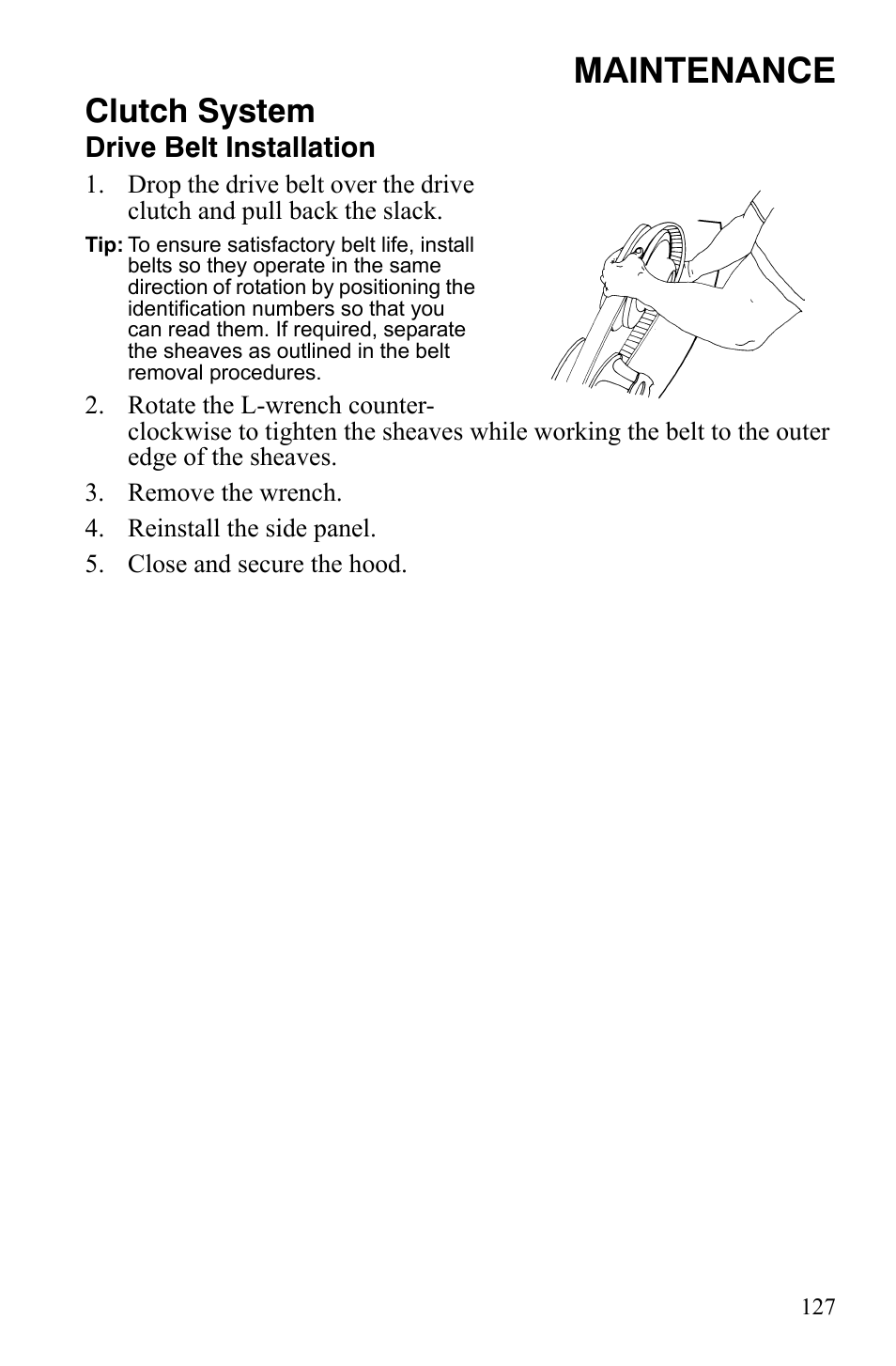 Maintenance, Clutch system, Drive belt installation | Polaris FS IQ Touring User Manual | Page 130 / 165
