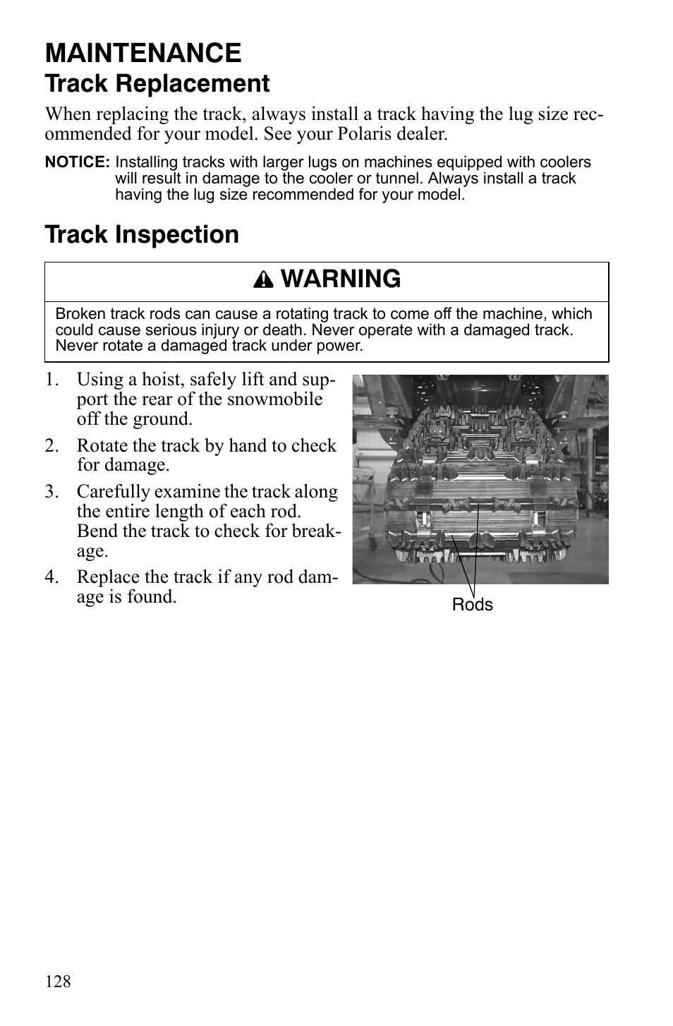 Maintenance, Track replacement, Track inspection | Warning | Polaris FS IQ Touring User Manual | Page 131 / 165