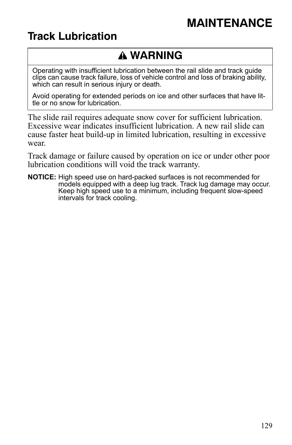 Maintenance, Track lubrication, Warning | Polaris FS IQ Touring User Manual | Page 132 / 165