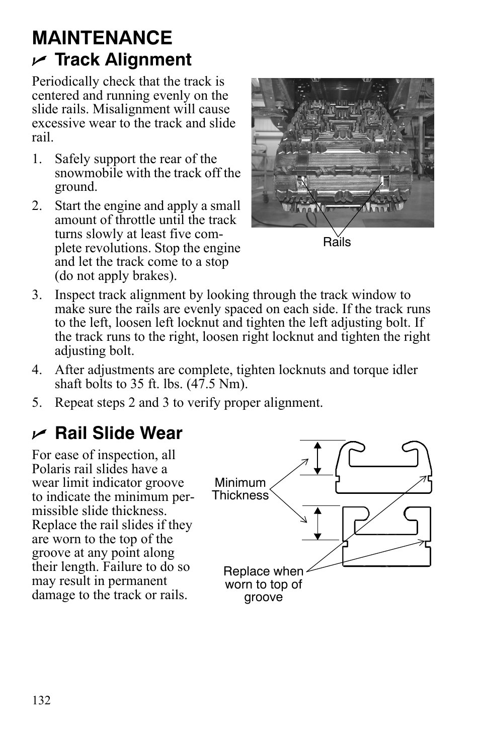 Maintenance, Track alignment, Rail slide wear | Polaris FS IQ Touring User Manual | Page 135 / 165