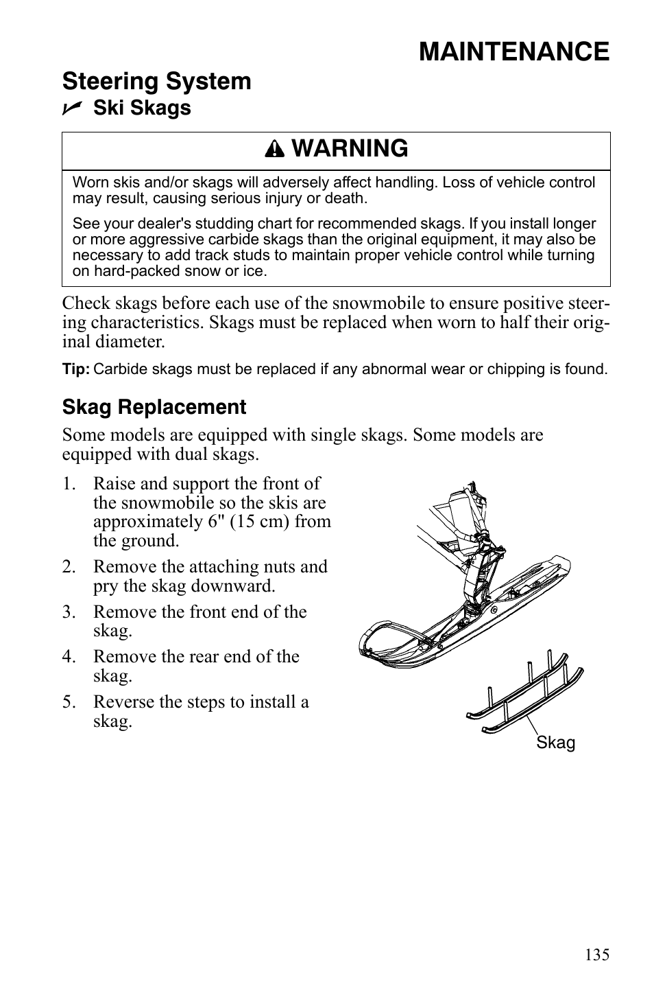 Maintenance, Steering system, Warning | Polaris FS IQ Touring User Manual | Page 138 / 165
