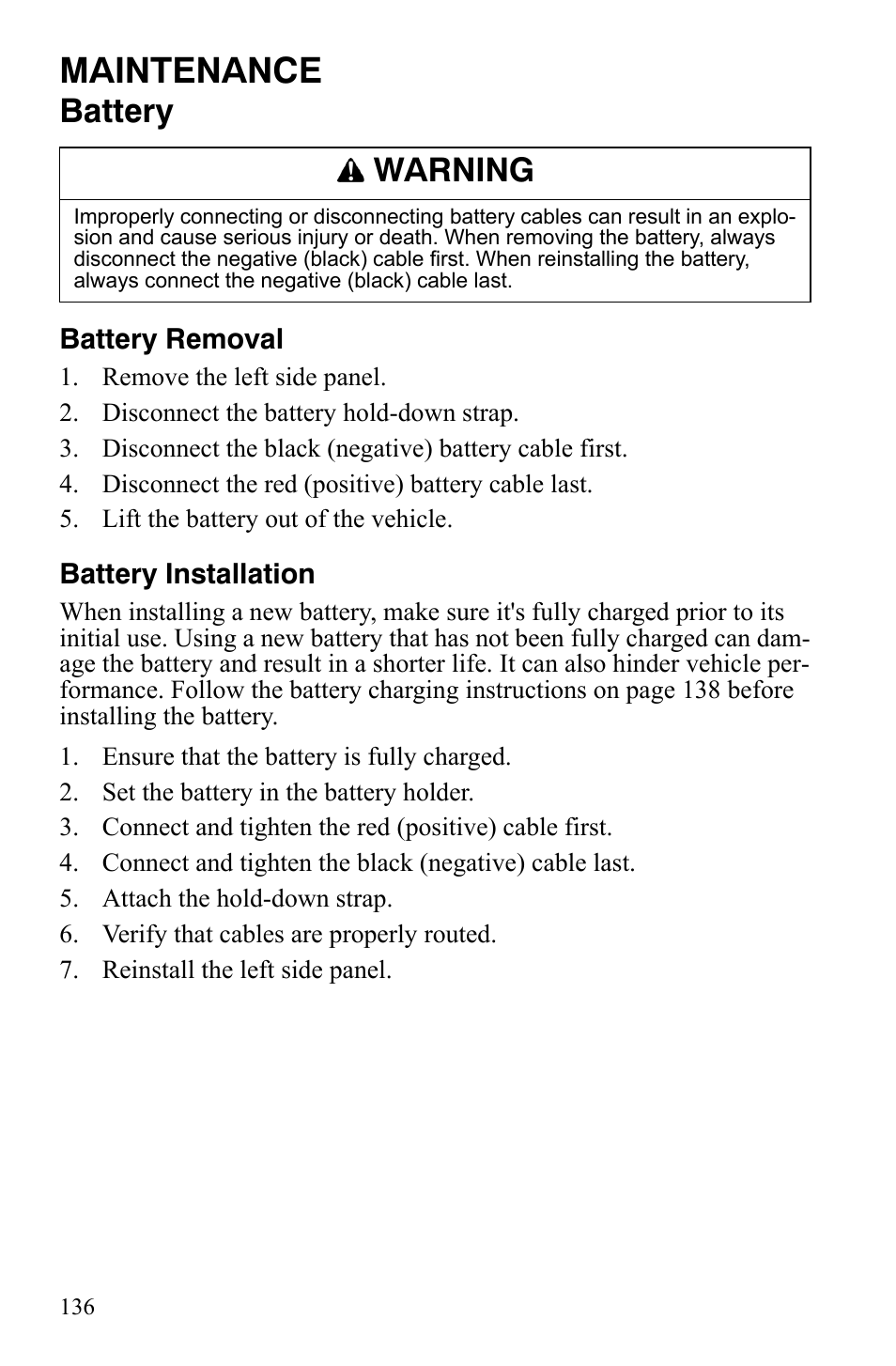 Maintenance, Battery, Warning | Polaris FS IQ Touring User Manual | Page 139 / 165