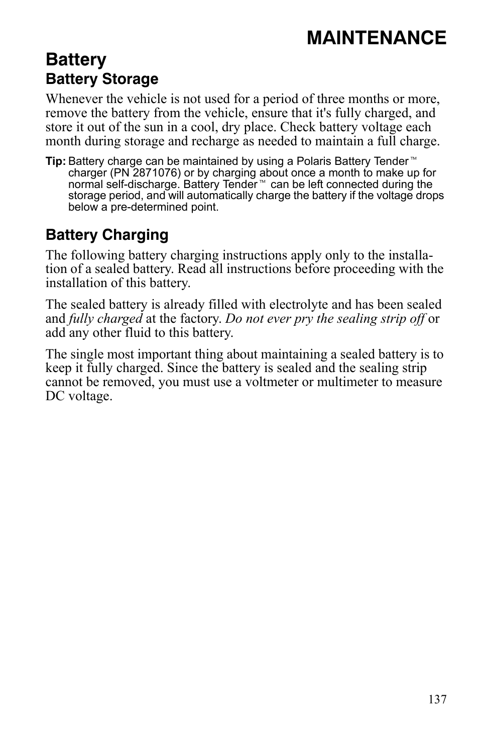 Maintenance, Battery | Polaris FS IQ Touring User Manual | Page 140 / 165