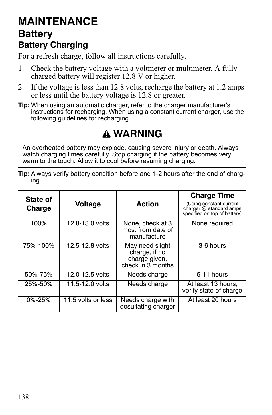 Maintenance, Battery, Warning | Battery charging | Polaris FS IQ Touring User Manual | Page 141 / 165