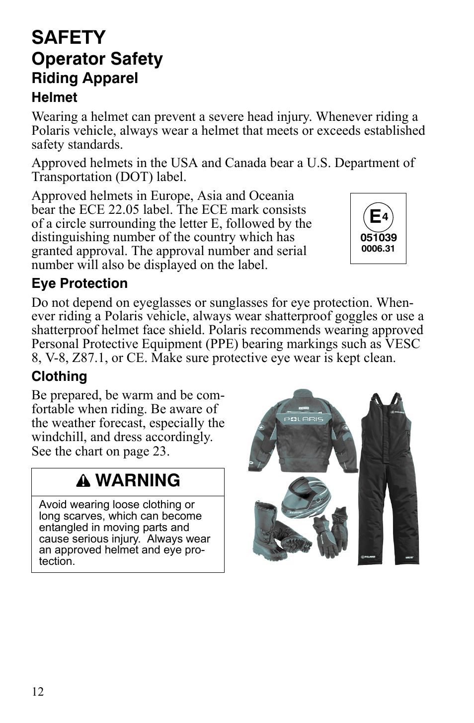 Safety, Operator safety, Warning | Polaris FS IQ Touring User Manual | Page 15 / 165