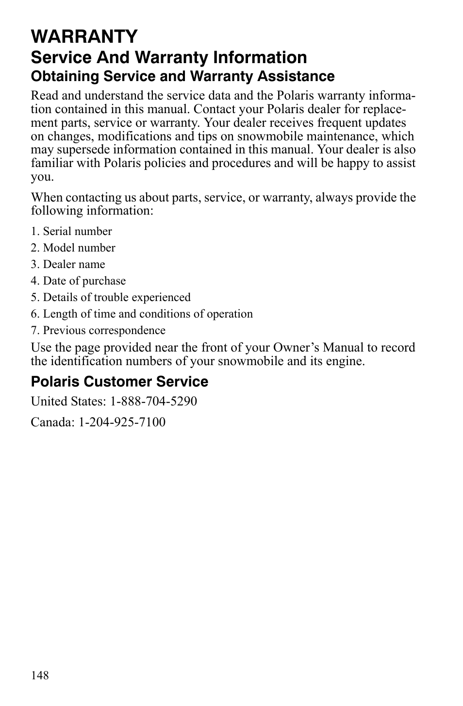 Warranty, Service and warranty information | Polaris FS IQ Touring User Manual | Page 151 / 165