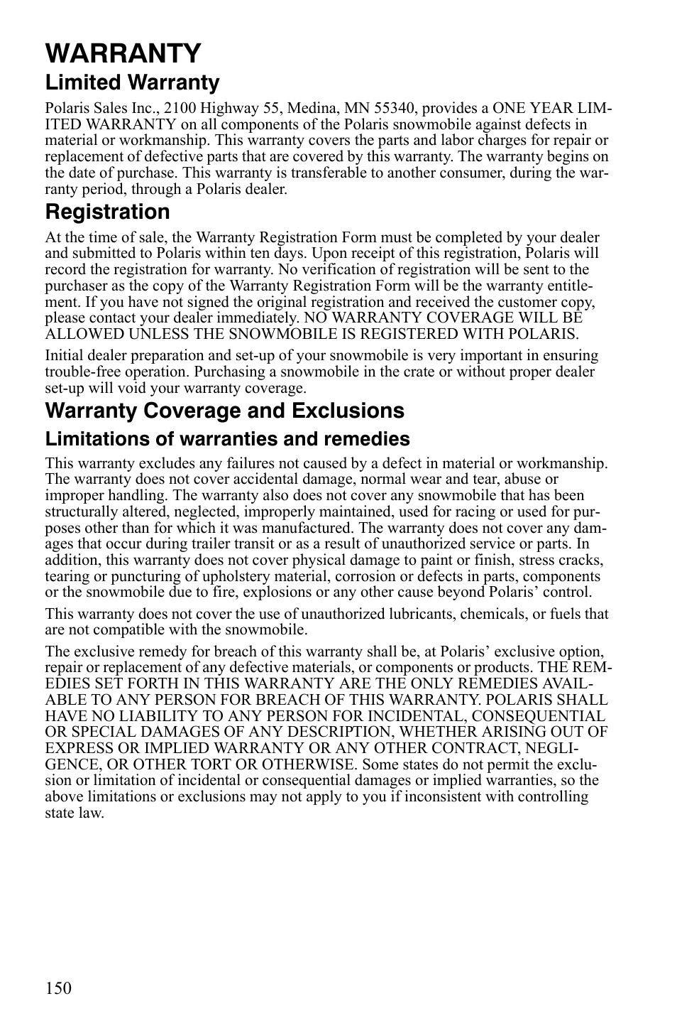 Warranty, Limited warranty, Registration | Warranty coverage and exclusions, Limitations of warranties and remedies | Polaris FS IQ Touring User Manual | Page 153 / 165