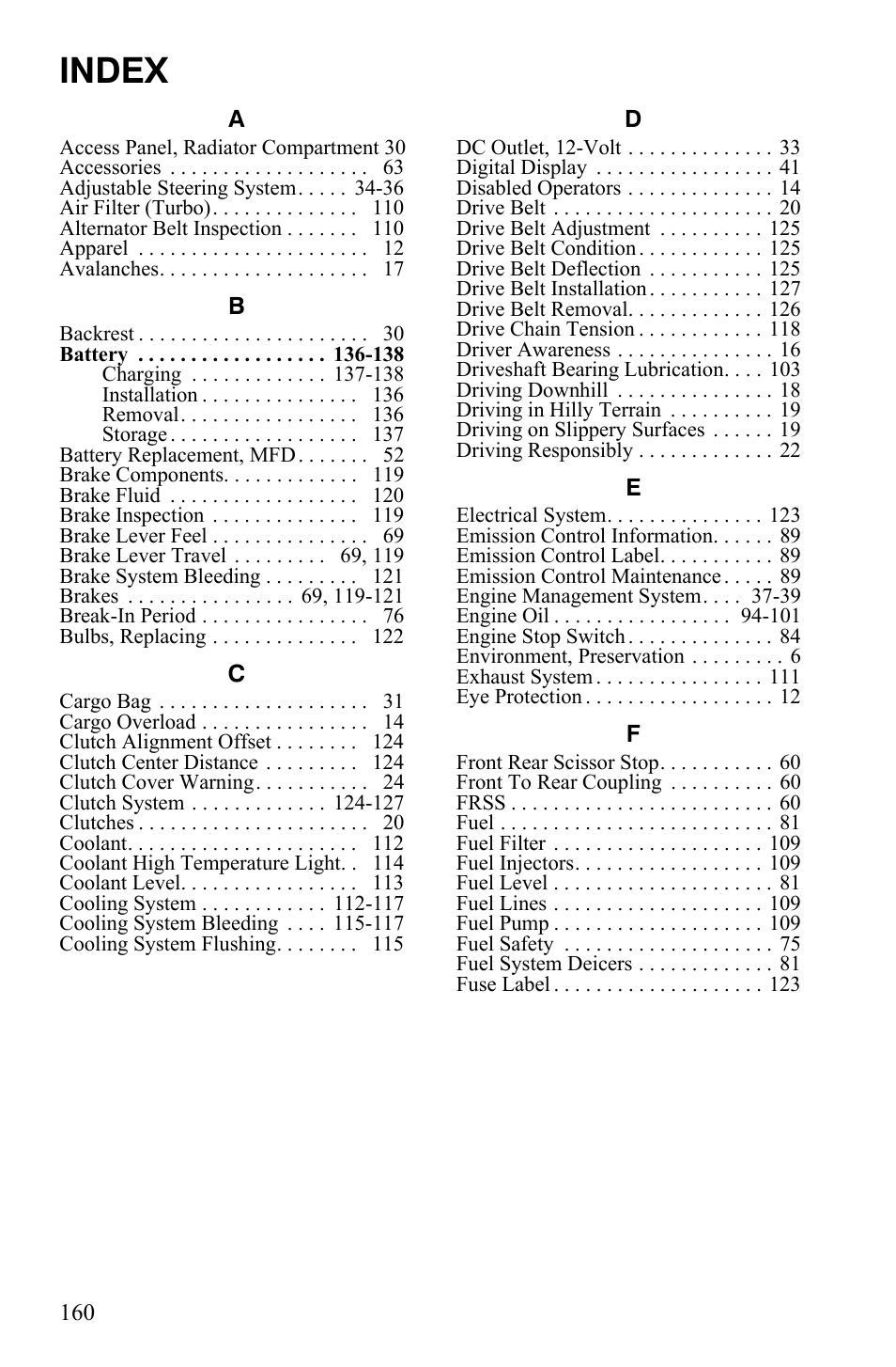 Index | Polaris FS IQ Touring User Manual | Page 163 / 165