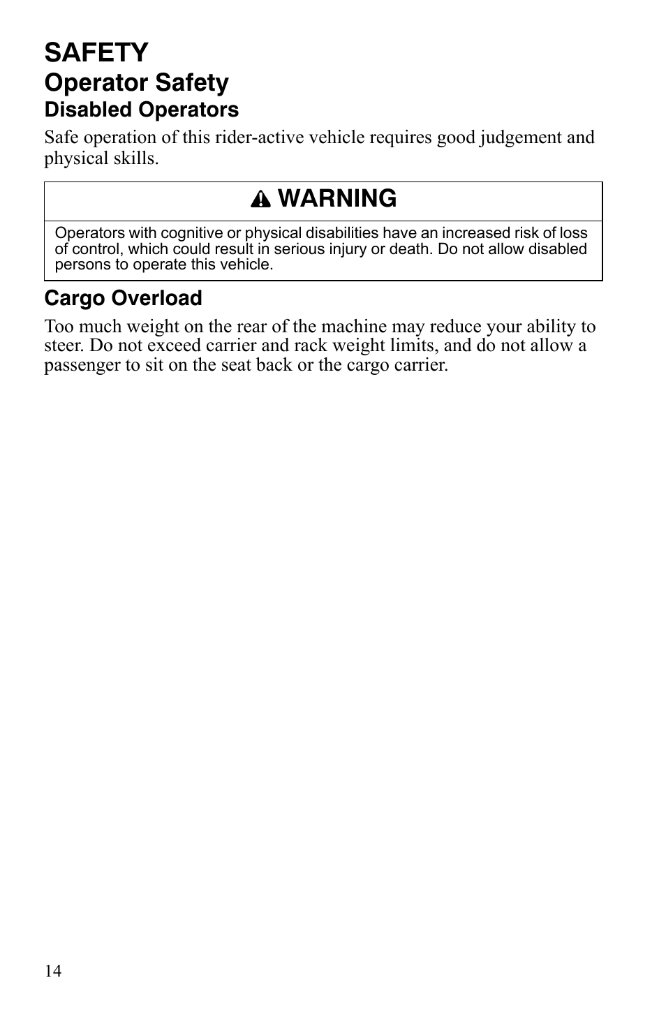 Safety, Operator safety, Warning | Polaris FS IQ Touring User Manual | Page 17 / 165