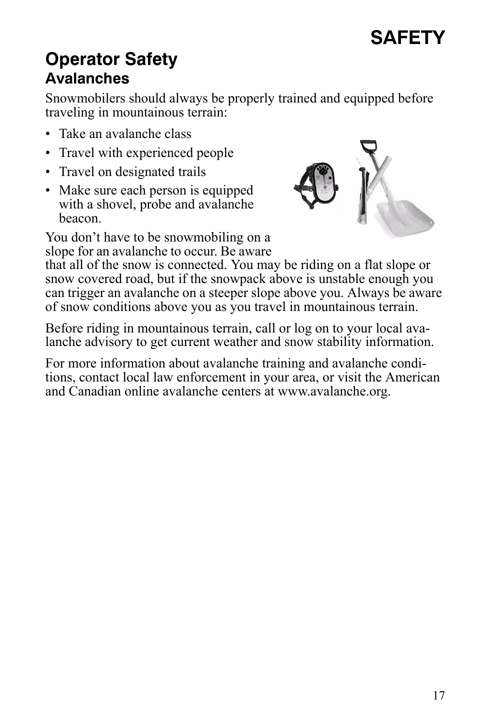 Safety, Operator safety | Polaris FS IQ Touring User Manual | Page 20 / 165
