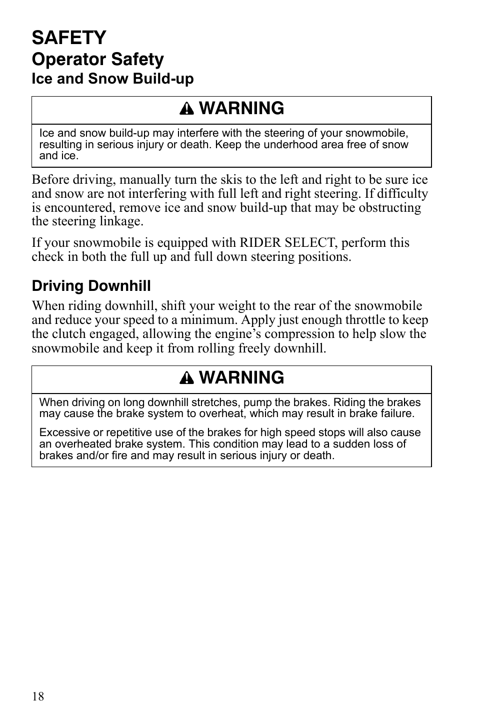 Safety, Operator safety, Warning | Polaris FS IQ Touring User Manual | Page 21 / 165