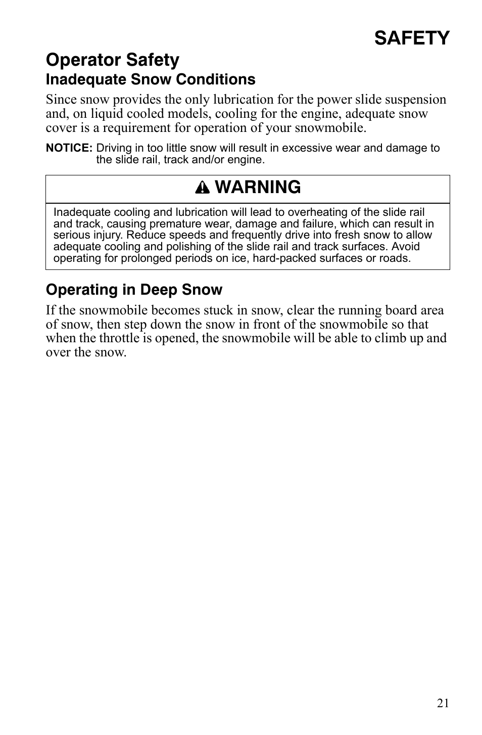 Safety, Operator safety, Warning | Polaris FS IQ Touring User Manual | Page 24 / 165