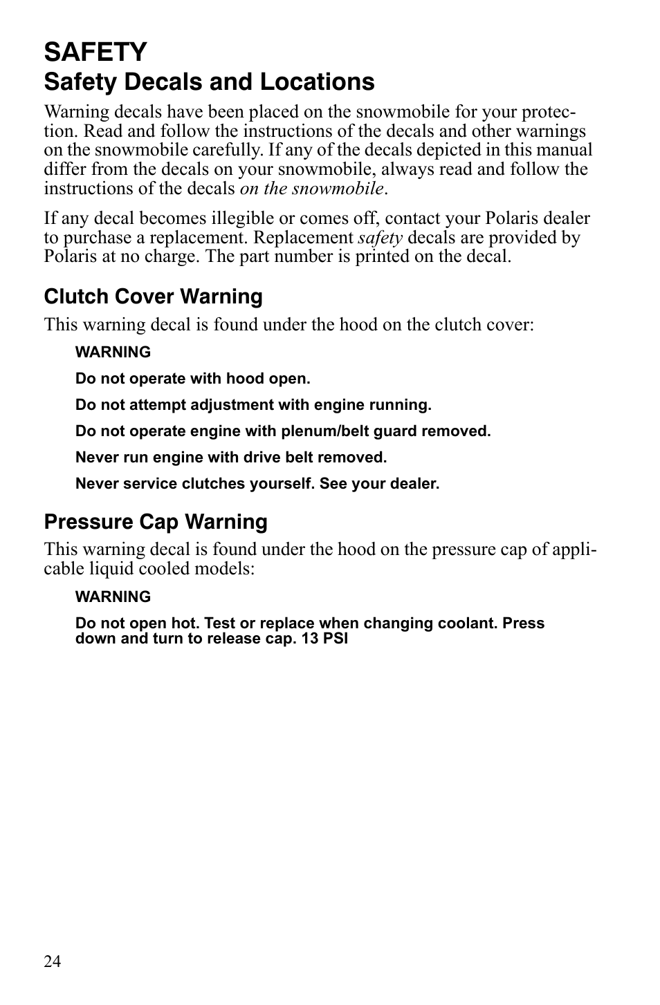 Safety, Safety decals and locations | Polaris FS IQ Touring User Manual | Page 27 / 165