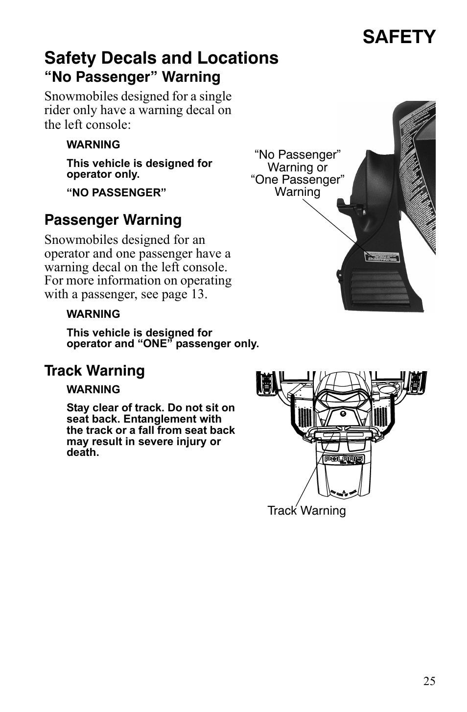Safety, Safety decals and locations, No passenger” warning | Passenger warning, Track warning | Polaris FS IQ Touring User Manual | Page 28 / 165