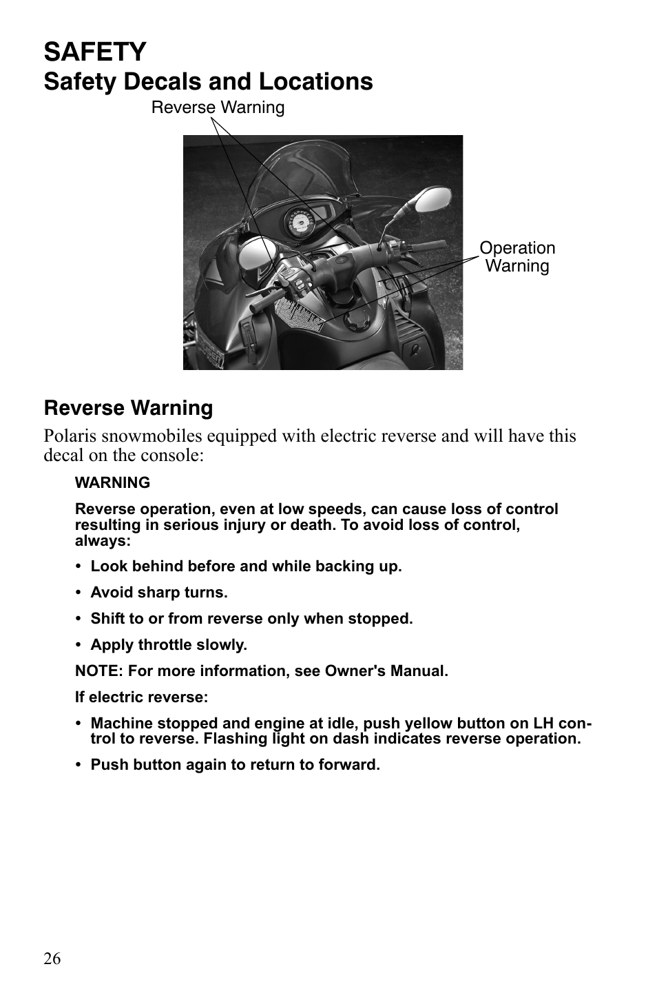 Safety, Safety decals and locations, Reverse warning | Polaris FS IQ Touring User Manual | Page 29 / 165