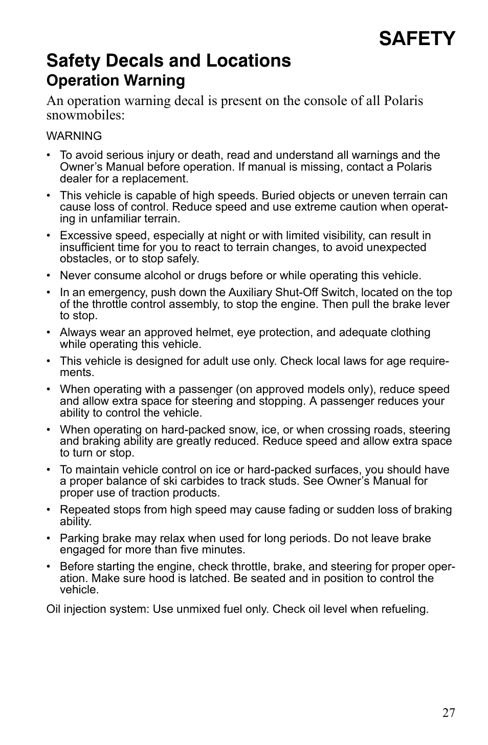 Safety, Safety decals and locations, Operation warning | Polaris FS IQ Touring User Manual | Page 30 / 165