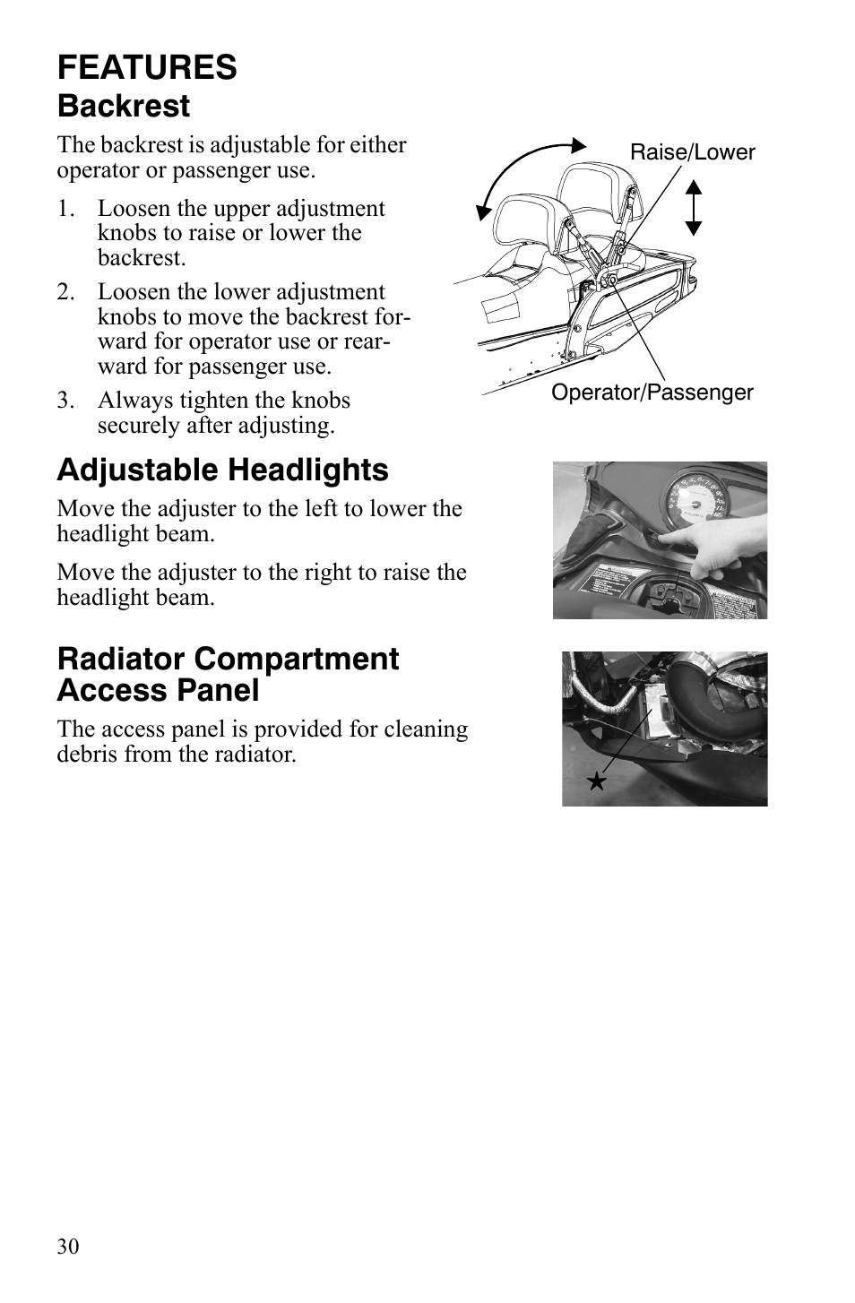 Features, Backrest, Adjustable headlights | Radiator compartment access panel | Polaris FS IQ Touring User Manual | Page 33 / 165