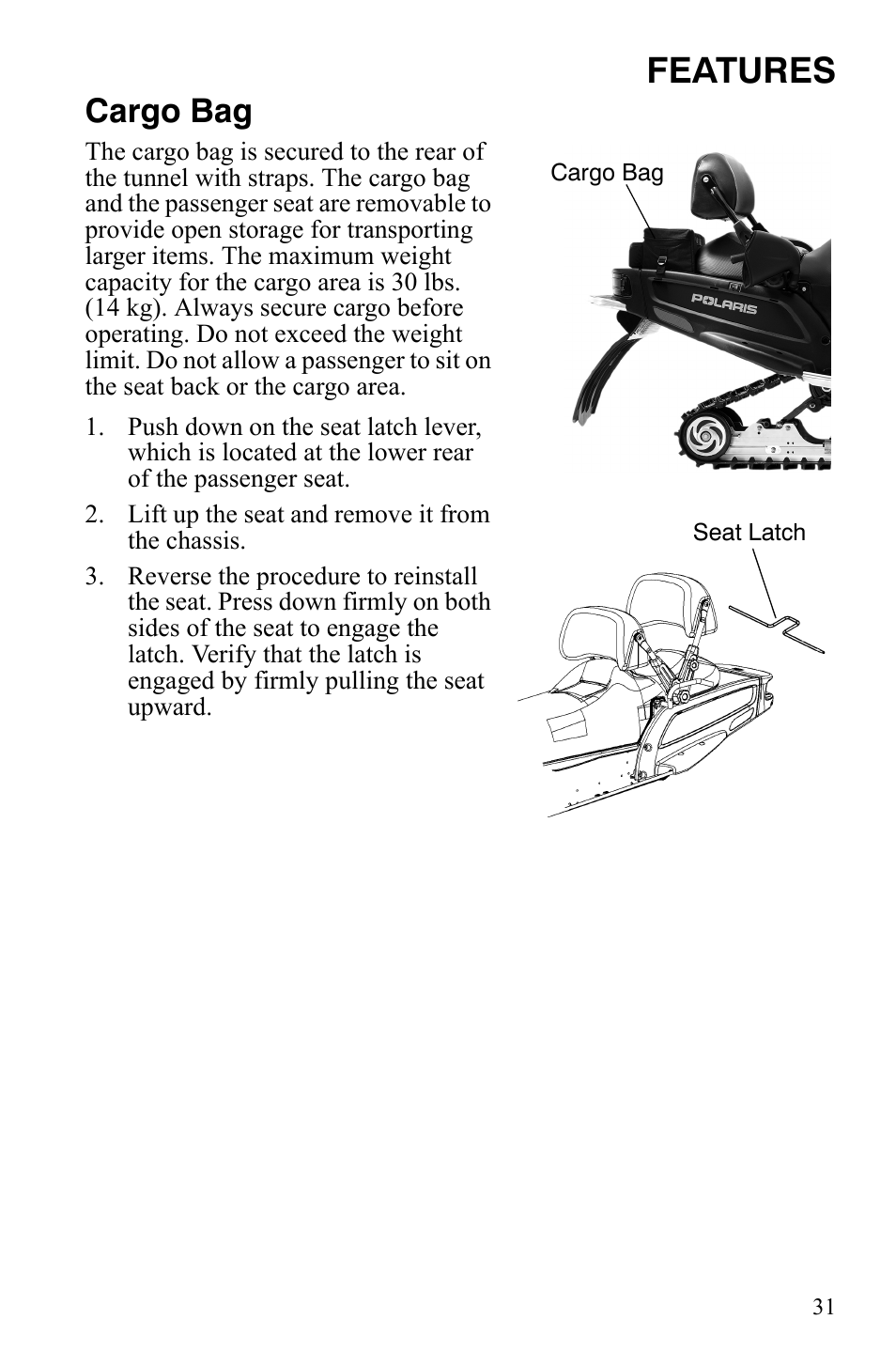 Features, Cargo bag | Polaris FS IQ Touring User Manual | Page 34 / 165