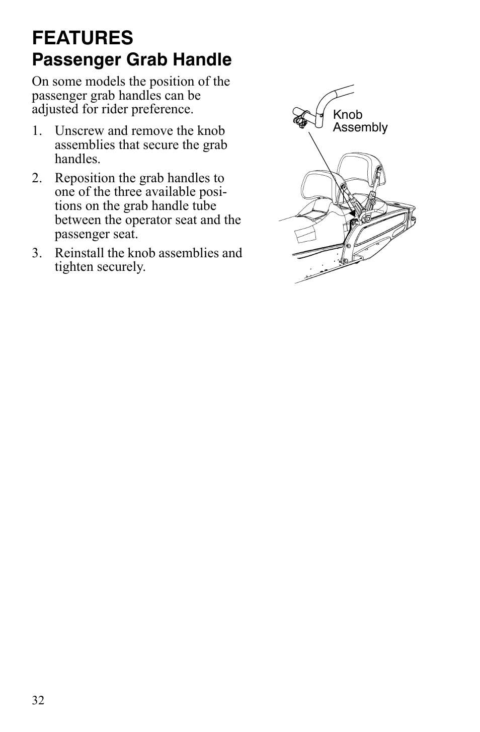 Features, Passenger grab handle | Polaris FS IQ Touring User Manual | Page 35 / 165