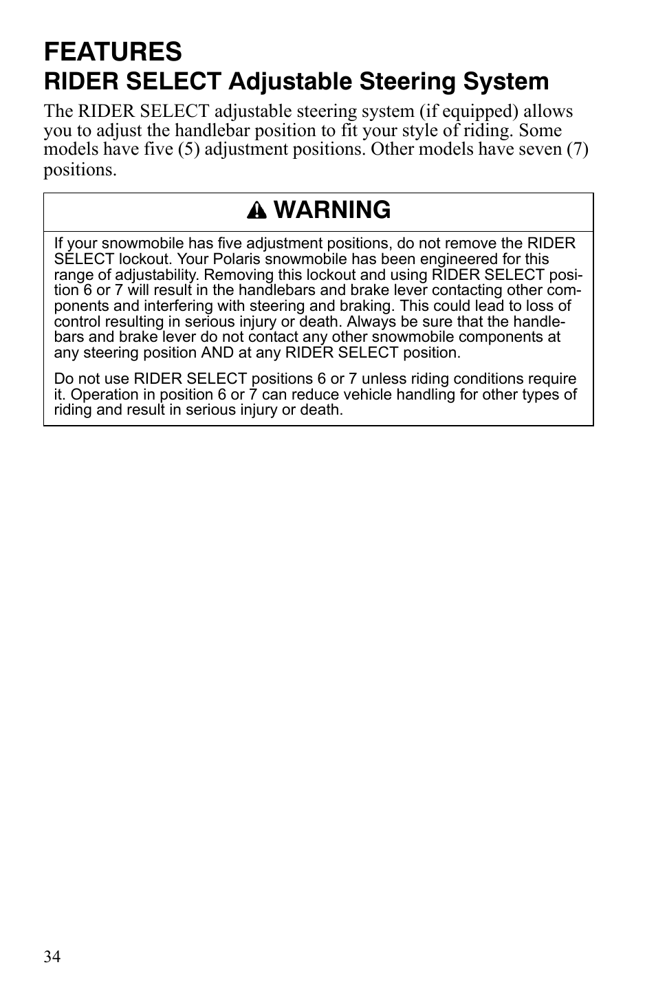 Features, Rider select adjustable steering system, Warning | Polaris FS IQ Touring User Manual | Page 37 / 165