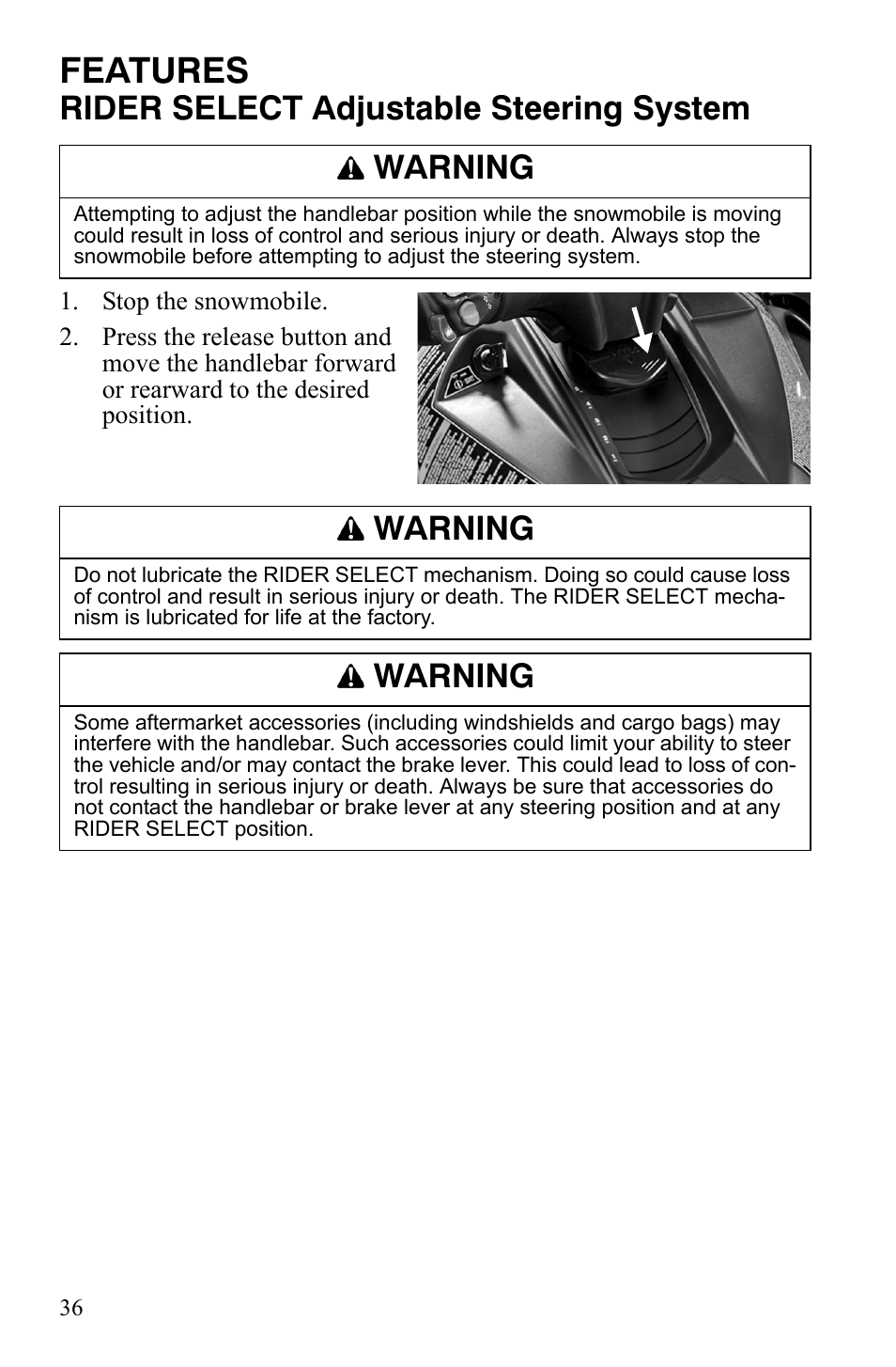 Features, Rider select adjustable steering system, Warning | Polaris FS IQ Touring User Manual | Page 39 / 165