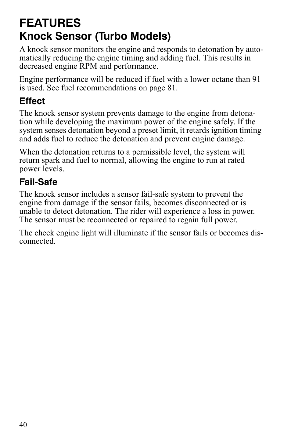 Features, Knock sensor (turbo models) | Polaris FS IQ Touring User Manual | Page 43 / 165