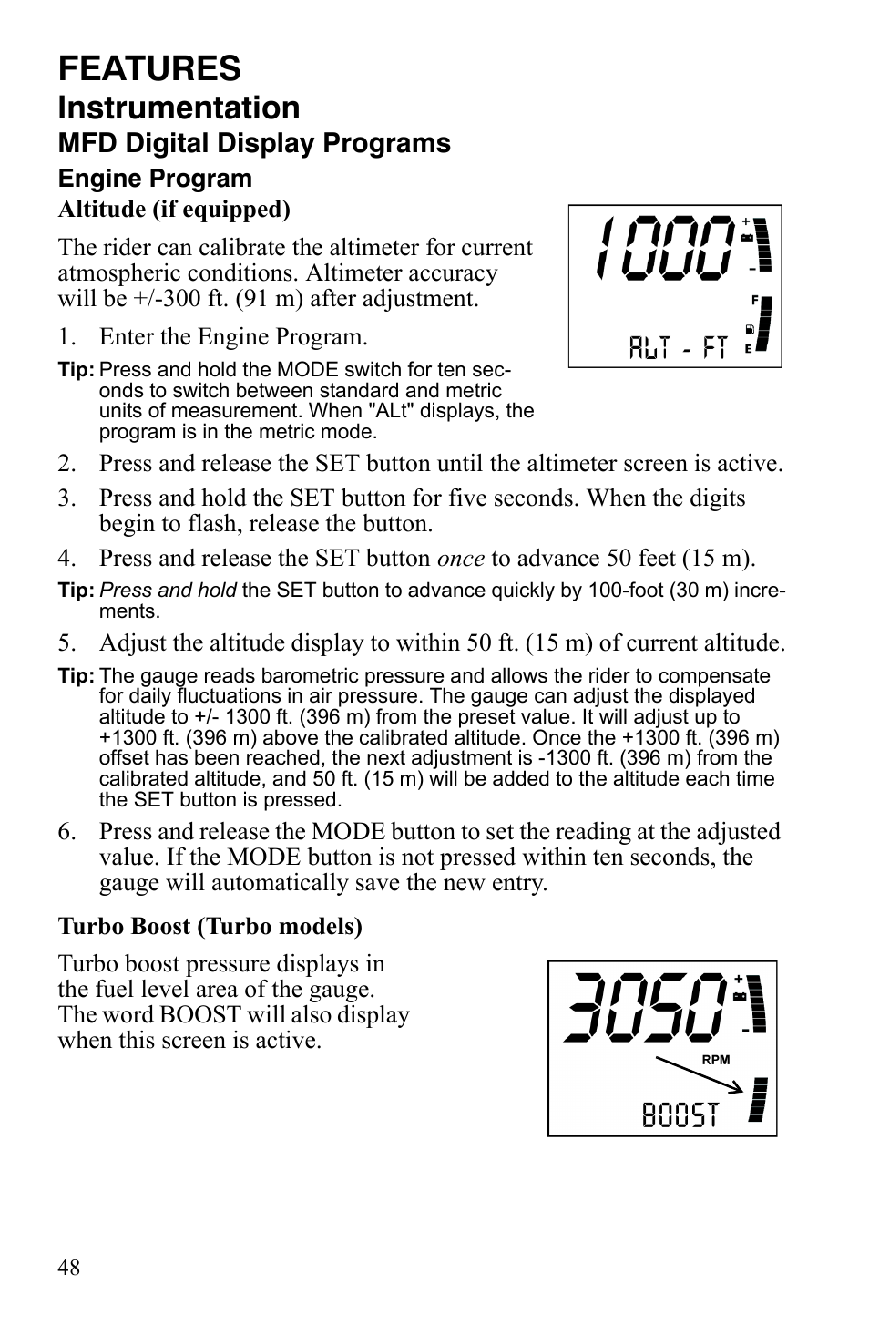 Features, Instrumentation, Mfd digital display programs | Polaris FS IQ Touring User Manual | Page 51 / 165
