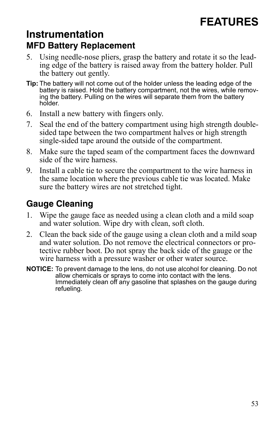 Features, Instrumentation, Mfd battery replacement | Gauge cleaning | Polaris FS IQ Touring User Manual | Page 56 / 165