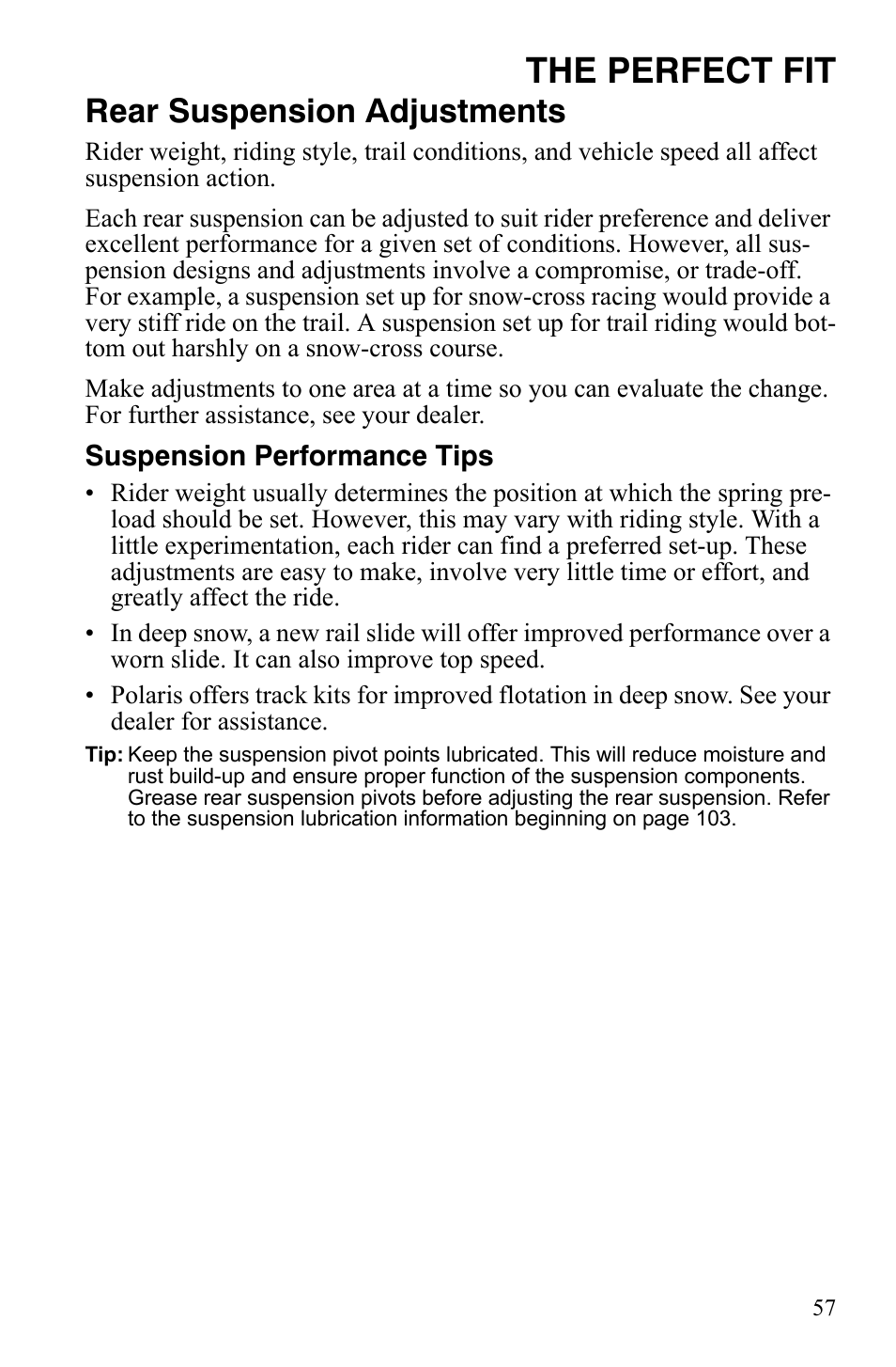 The perfect fit, Rear suspension adjustments | Polaris FS IQ Touring User Manual | Page 60 / 165