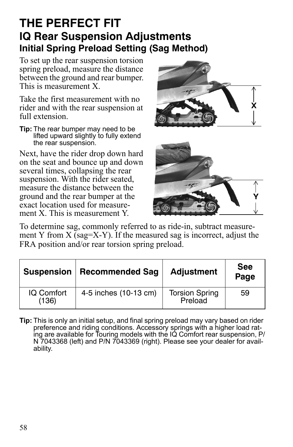 The perfect fit, Iq rear suspension adjustments, Initial spring preload setting (sag method) | Polaris FS IQ Touring User Manual | Page 61 / 165