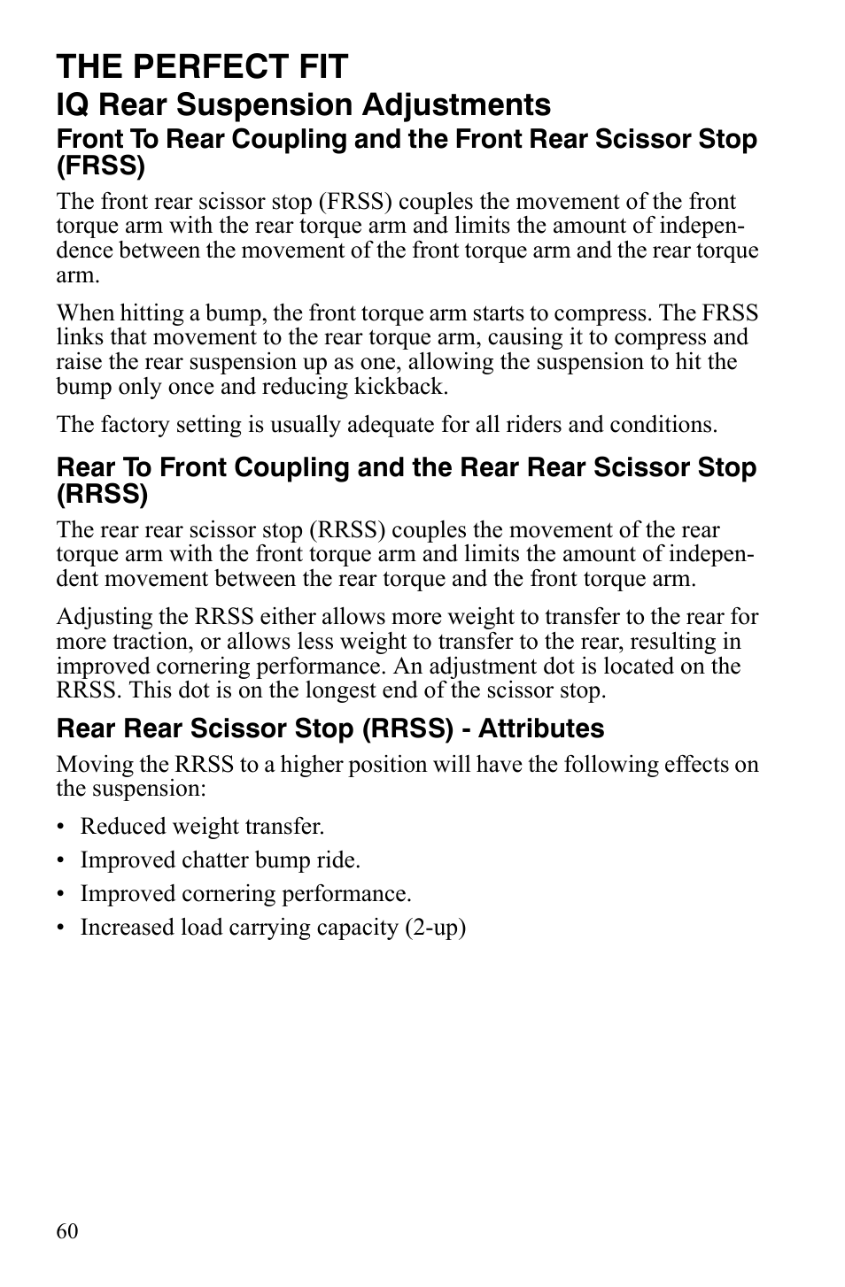 The perfect fit, Iq rear suspension adjustments | Polaris FS IQ Touring User Manual | Page 63 / 165