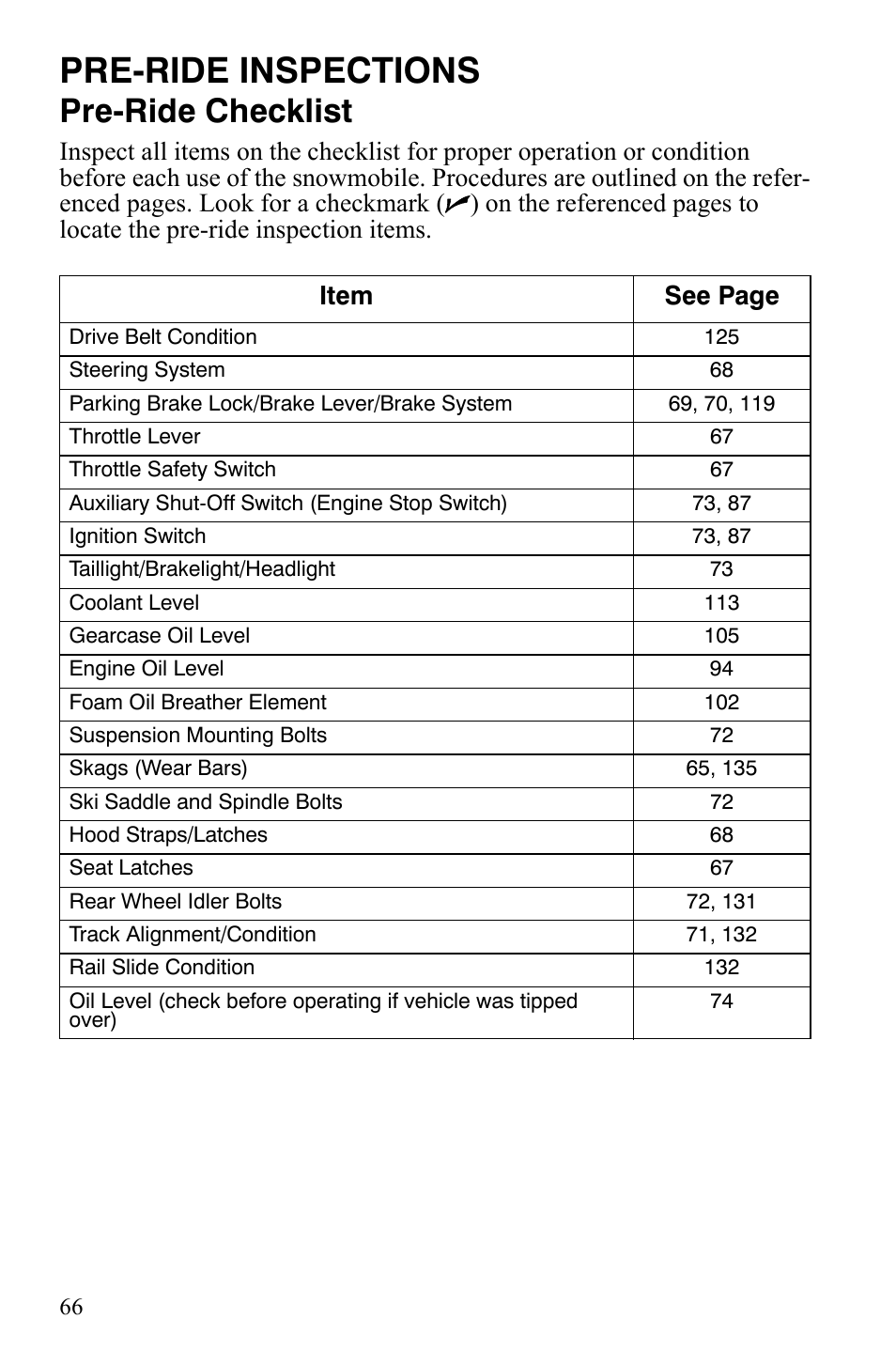 Pre-ride inspections, Pre-ride checklist | Polaris FS IQ Touring User Manual | Page 69 / 165
