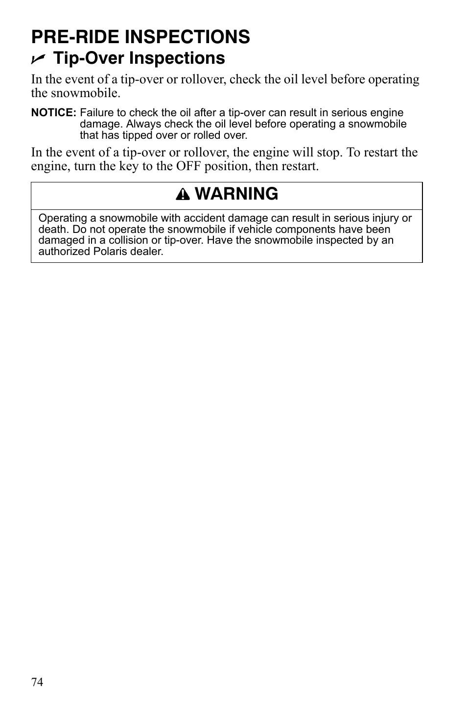 Pre-ride inspections, Tip-over inspections, Warning | Polaris FS IQ Touring User Manual | Page 77 / 165